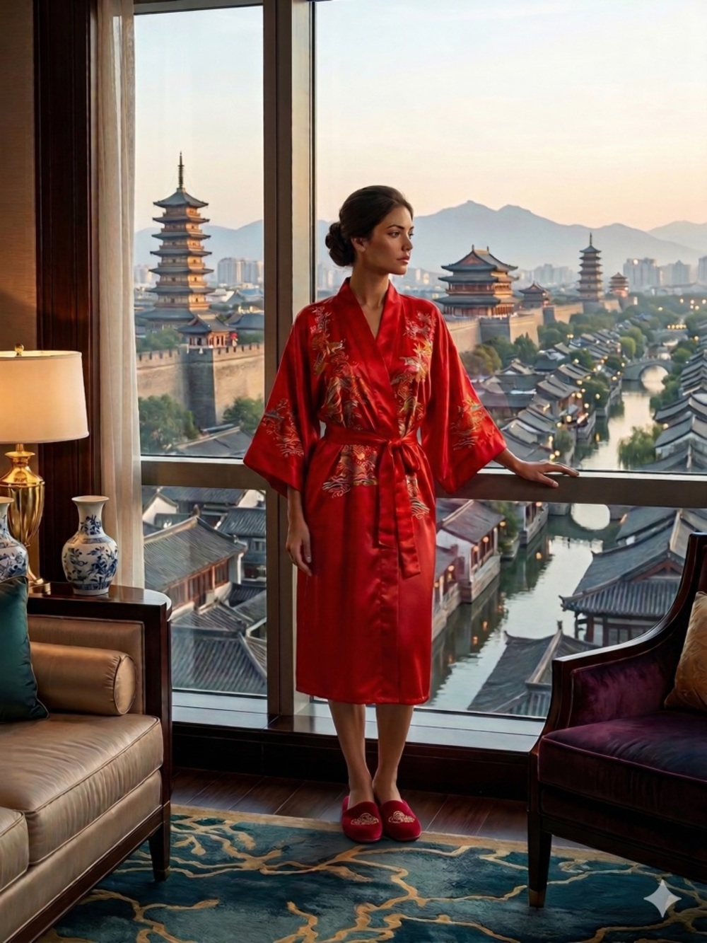 Red Satin Floral Embriodered‎ Kimono with Front Tie Traditional Robe One Size